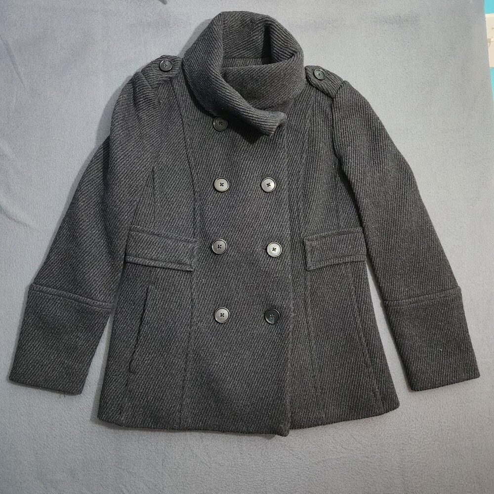 Ann Taylor LOFT Peacoat Women XSP Gray Wool Blend Lined Double Breasted